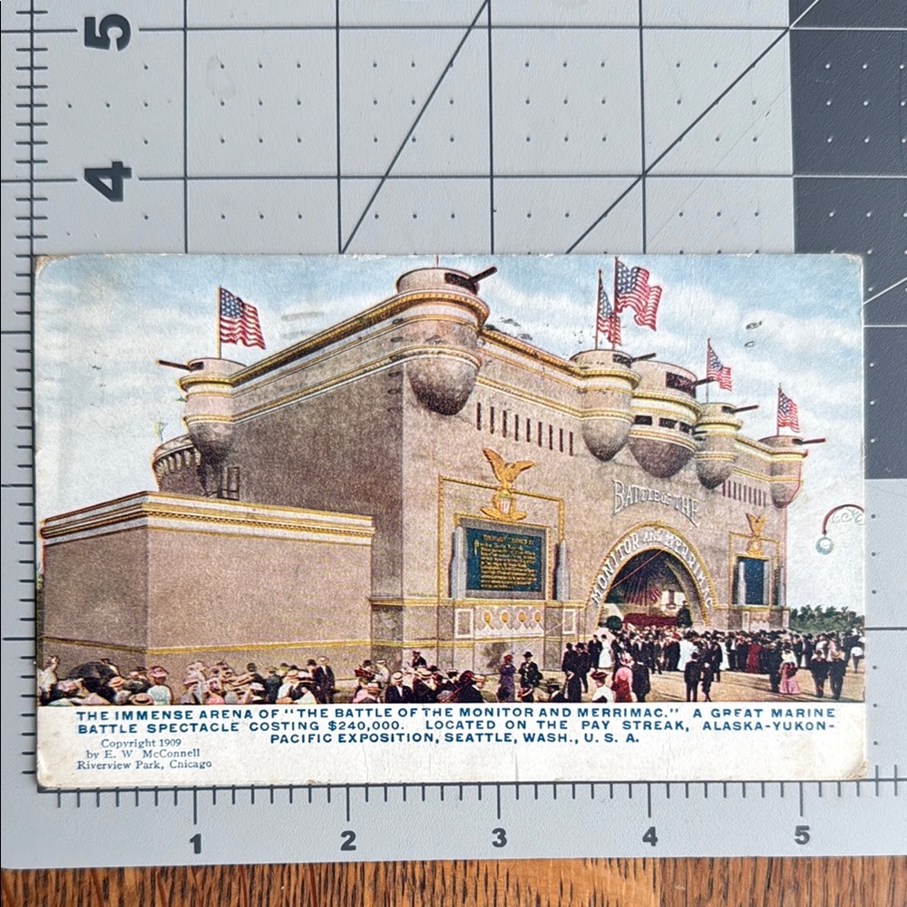 1909 vintage postcard, Alaska-Yukon-Pacific Expo, Battle of  Monitor & Merrimac